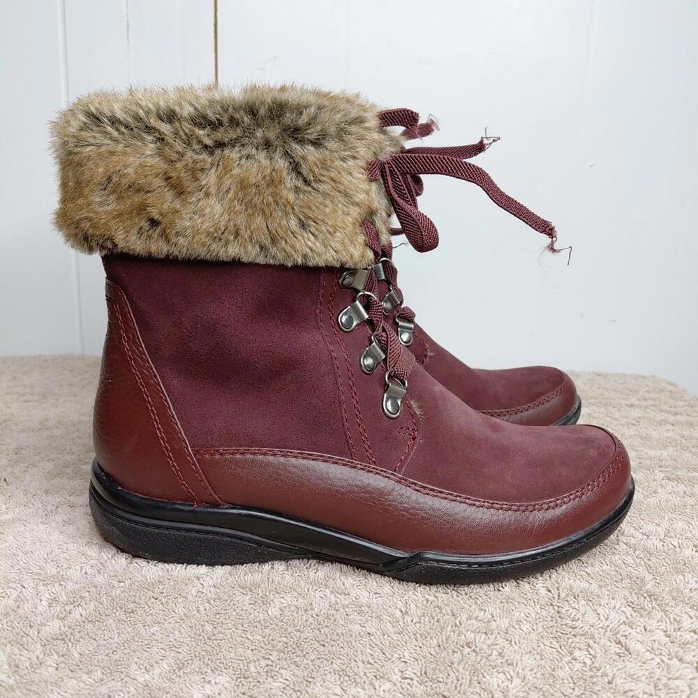 Clarks Shoes Womens 7.5 Kearns Ramsey Booties Burgundy Faux Fur Leather Nubuck‎